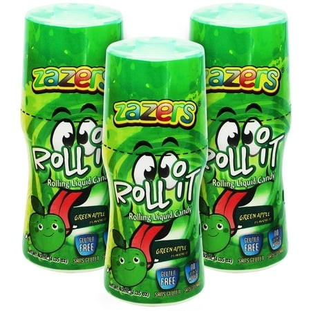Zazers Sour Rolling Liquid Candy - 3 Pack of Green Apple Roll-It Bottles Gluten-Free and No Coloring Added (Kosher 1.35 OZ. Each Bottle)