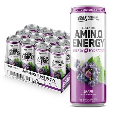 Amino Energy Sparkling Hydration Drink  Electrolytes  Caffeine  Amino Acids  BCAAs  Sugar Free  Grape  12 Fl Oz  12 Pack (Packaging May Vary)