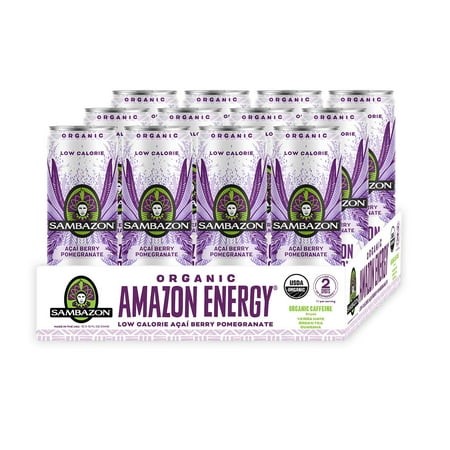 SAMBAZON Organic Sparkling Energy Drink  Low Calorie  Acai Berry and Pomegranate Flavor  12 Fl Oz (Pack of 12)  Natural Caffeine  Vitamin C  Vegan  No