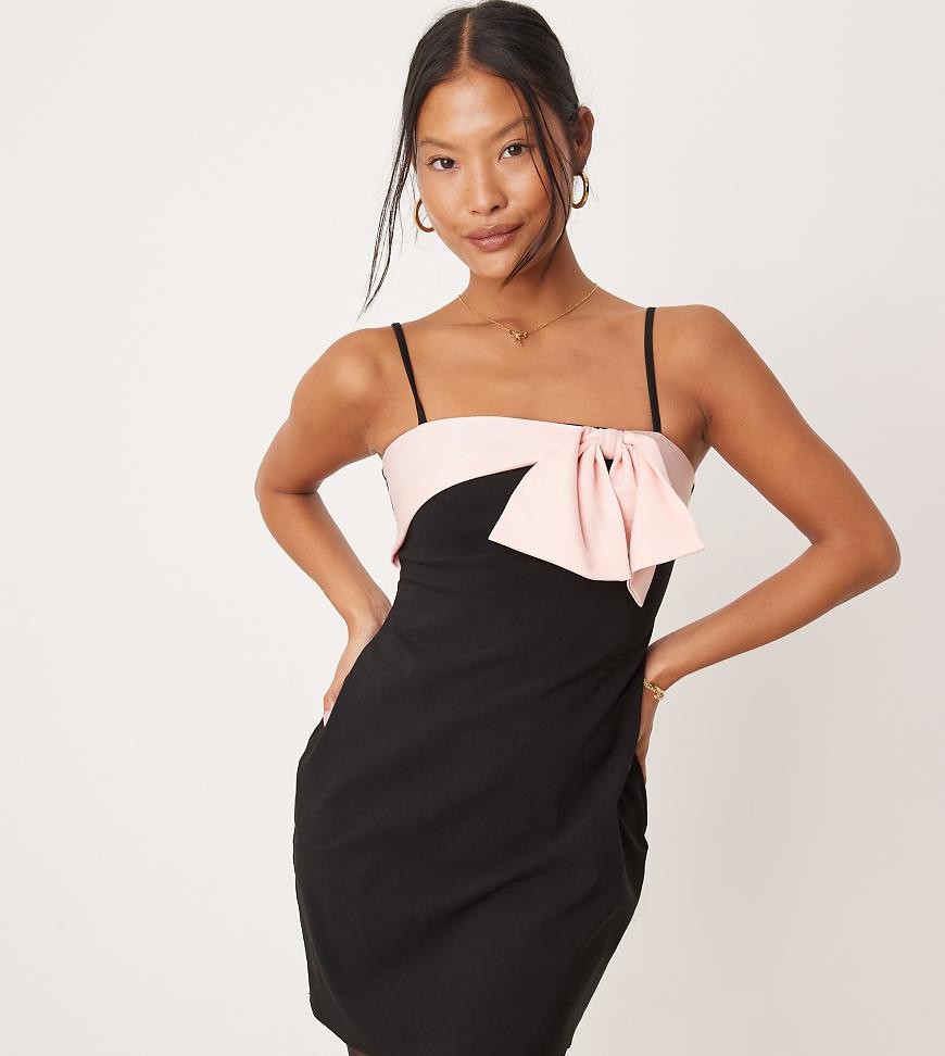 ASOS DESIGN Petite Strappy Cami Mini Dress with Bow Detail in Pink-Black