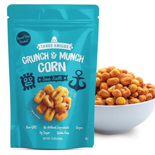 Three Amigos Crunch & Munch Corn Sea Salt Original Flavor, Suger Free, 100% Vagan, Peanut Free Non-GMO (All Natural Ingredients) Guilt-Free Snacking T