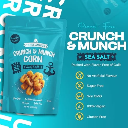Three Amigos Crunch & Munch Corn Sea Salt Original Flavor, Suger Free, 100% Vagan, Peanut Free Non-GMO (All Natural Ingredients) Guilt-Free Snacking T thumbnail
