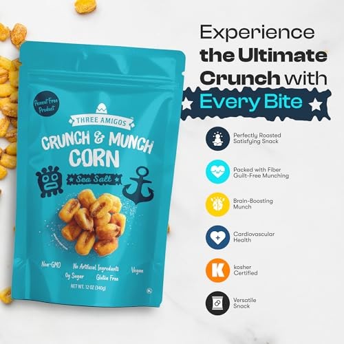 Three Amigos Crunch & Munch Corn Sea Salt Original Flavor, Suger Free, 100% Vagan, Peanut Free Non-GMO (All Natural Ingredients) Guilt-Free Snacking T thumbnail