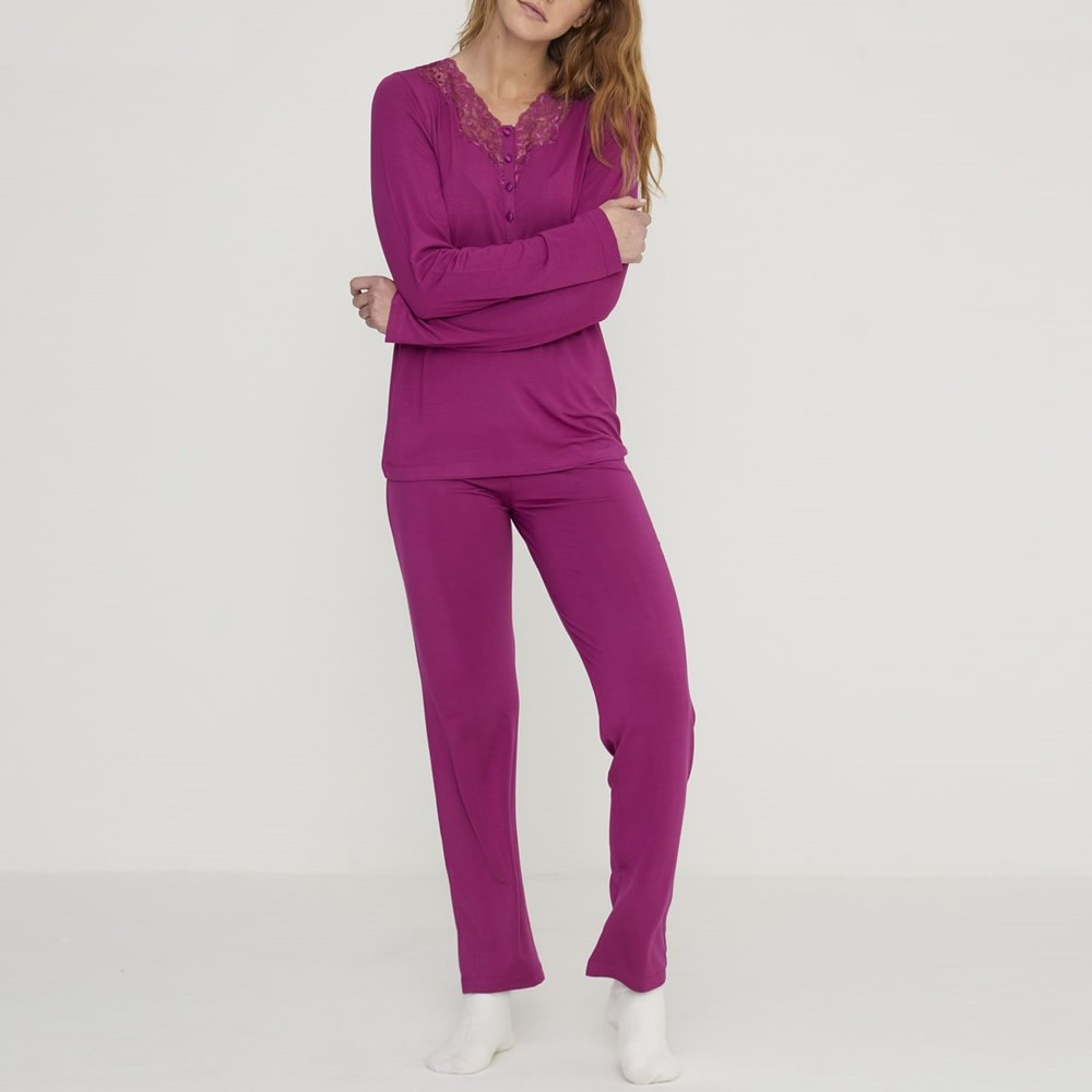 Pigiama Modal E Pizzo Con Scollo a V 8835 Donna Noi Di Notte Porpora