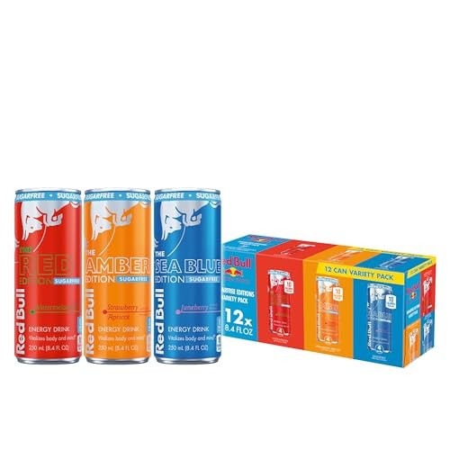 Red Bull Energy Drink Sugar Free Variety Pack, Red, Amber, and Sea Blue, with 80mg Caffeine, Taurine & B Vitamins, 8.4 Fl. Oz, Pack of 12 Cans