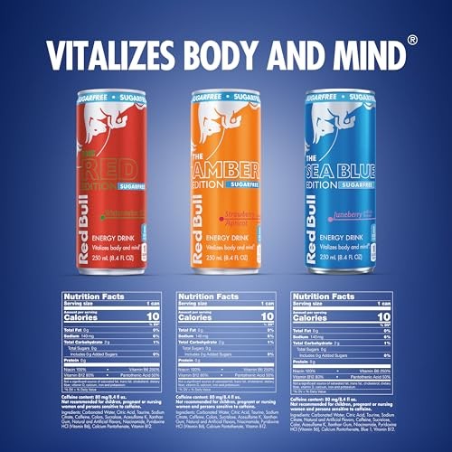 Red Bull Energy Drink Sugar Free Variety Pack, Red, Amber, and Sea Blue, with 80mg Caffeine, Taurine & B Vitamins, 8.4 Fl. Oz, Pack of 12 Cans thumbnail