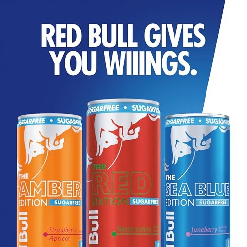 Red Bull Energy Drink Sugar Free Variety Pack, Red, Amber, and Sea Blue, with 80mg Caffeine, Taurine & B Vitamins, 8.4 Fl. Oz, Pack of 12 Cans thumbnail