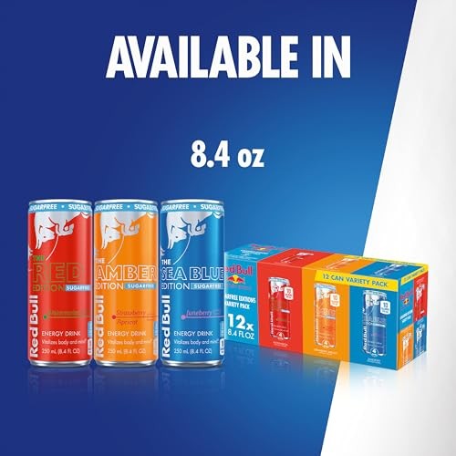 Red Bull Energy Drink Sugar Free Variety Pack, Red, Amber, and Sea Blue, with 80mg Caffeine, Taurine & B Vitamins, 8.4 Fl. Oz, Pack of 12 Cans thumbnail