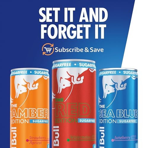 Red Bull Energy Drink Sugar Free Variety Pack, Red, Amber, and Sea Blue, with 80mg Caffeine, Taurine & B Vitamins, 8.4 Fl. Oz, Pack of 12 Cans thumbnail