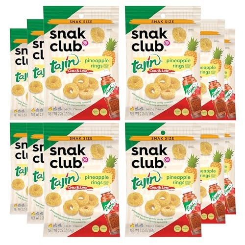 Snak Club Pineapple Rings, Tajin Chili & Lime Seasoned, Sweet and Spicy Gummy Candy, Mild in Heat Bold in Flavor, Low-Fat, Vegan, Gluten-Free Snack, S