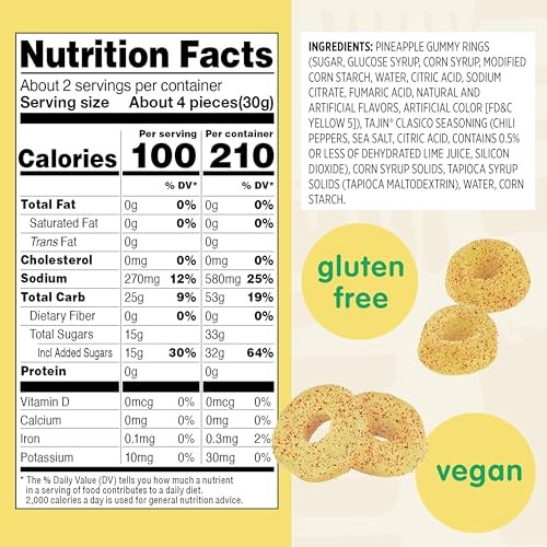 Snak Club Pineapple Rings, Tajin Chili & Lime Seasoned, Sweet and Spicy Gummy Candy, Mild in Heat Bold in Flavor, Low-Fat, Vegan, Gluten-Free Snack, S thumbnail