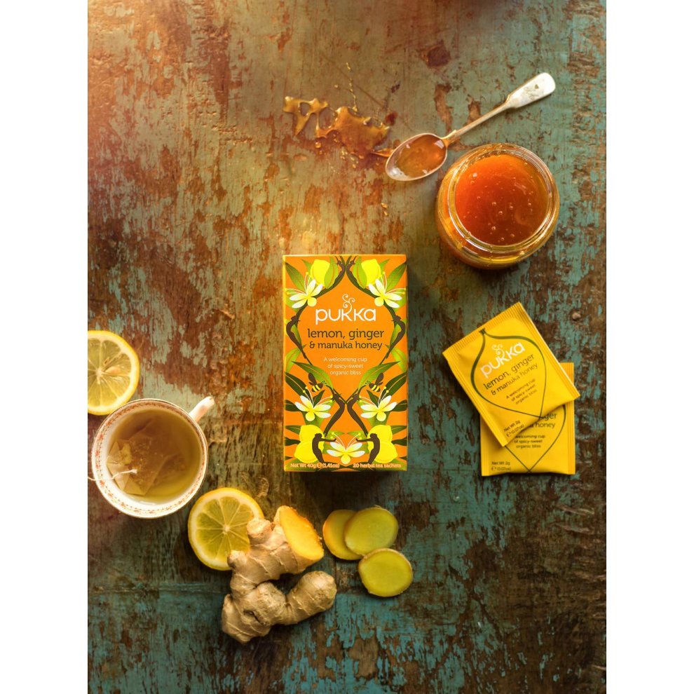 Pukka Lemon Ginger & Manuka Honey Herbal Tea Bags - Organic and Fair - Naturally Caffeine Free (Pack of 4) thumbnail