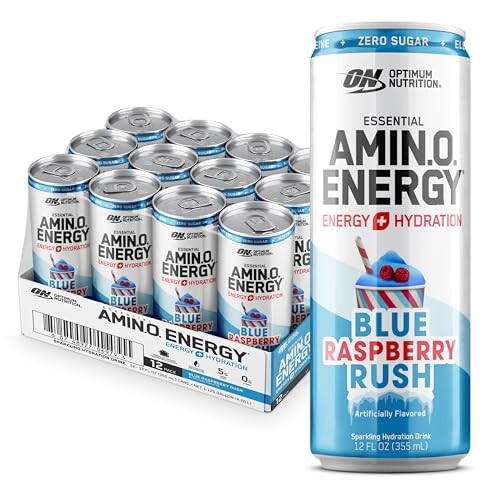 Optimum Nutrition Amino Energy Sparkling Hydration Drink, Electrolytes, Caffeine, Amino Acids, BCAAs, Sugar Free, Blue Raspberry Rush, 12 Fl Oz, 12 Pa