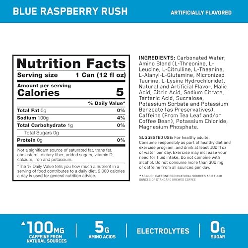 Optimum Nutrition Amino Energy Sparkling Hydration Drink, Electrolytes, Caffeine, Amino Acids, BCAAs, Sugar Free, Blue Raspberry Rush, 12 Fl Oz, 12 Pa thumbnail