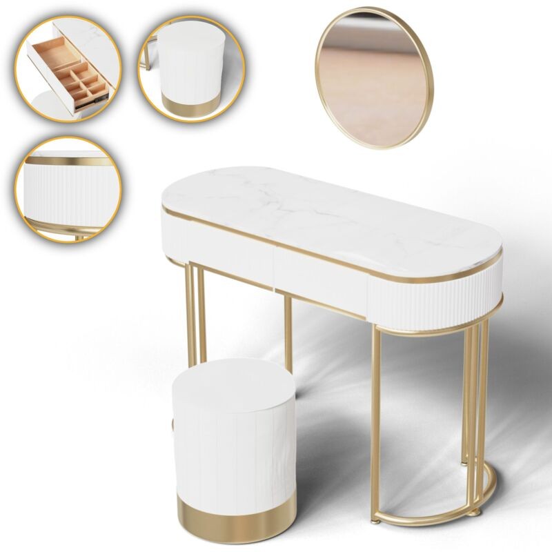 Makika - Table De Maquillage / Coiffeuse Lena En Bois Avec Tabouret Et Miroir