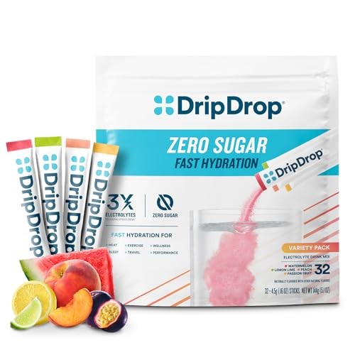 DripDrop Hydration - Zero Sugar Variety Pack - Electrolyte Drink Mix Hydration Powder Packets - Lemon Lime, Watermelon, Peach, Passion Fruit | Non-GMO