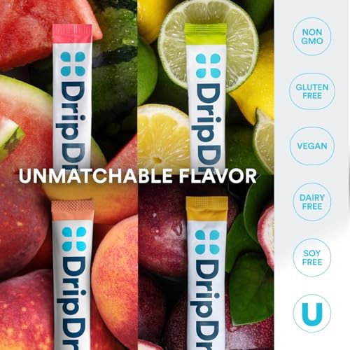 DripDrop Hydration - Zero Sugar Variety Pack - Electrolyte Drink Mix Hydration Powder Packets - Lemon Lime, Watermelon, Peach, Passion Fruit | Non-GMO thumbnail