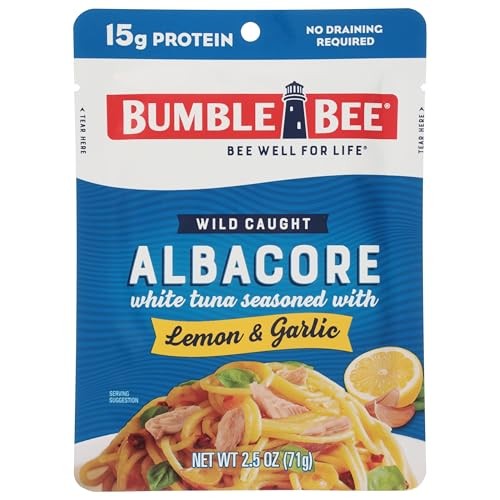 Bumble Bee Lemon & Garlic Seasoned White Albacore Tuna in Water, 2.5 Oz Pouch - Wild Caught Tuna - 15g Protein per Serving, High in Omega-3s - Non-GMO