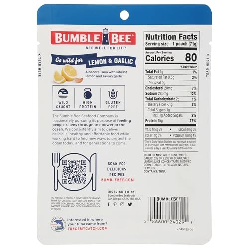 Bumble Bee Lemon & Garlic Seasoned White Albacore Tuna in Water, 2.5 Oz Pouch - Wild Caught Tuna - 15g Protein per Serving, High in Omega-3s - Non-GMO thumbnail