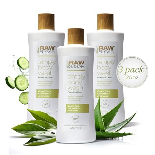RAW SUGAR Sensitive Skin Simply Body Wash - Green Tea + Cucumber + Aloe Vera, Moisturizing & Brightening Bath & Shower Gel, Sulfate-Free, Paraben-Free