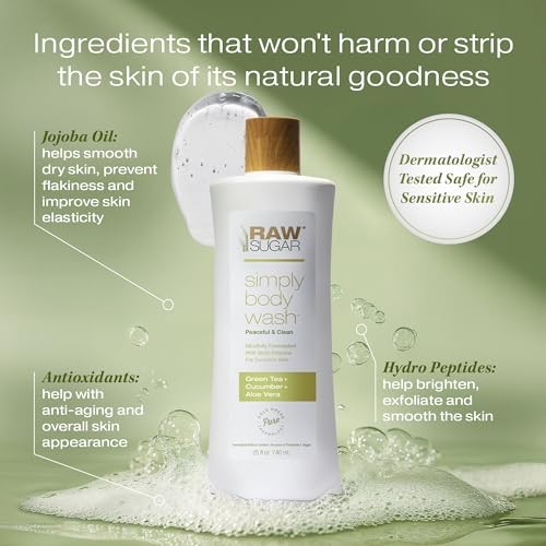 RAW SUGAR Sensitive Skin Simply Body Wash - Green Tea + Cucumber + Aloe Vera, Moisturizing & Brightening Bath & Shower Gel, Sulfate-Free, Paraben-Free thumbnail