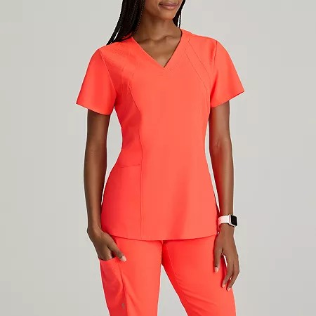 Barco One 5105 Racer 4-Pocket Womens V Neck Short Sleeve Tag Free Stretch Fabric Moisture Wicking Scrub Tops, X-small, Orange