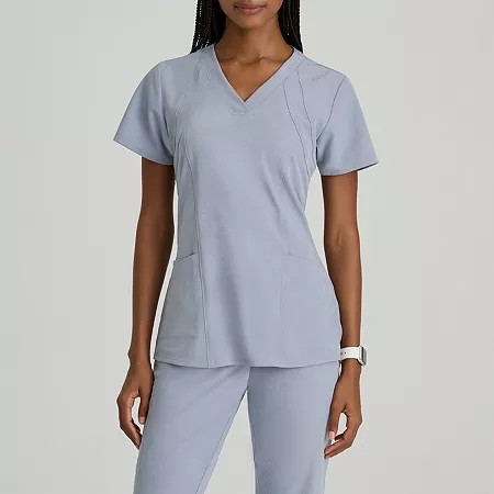 Barco One 5105 Racer 4-Pocket Womens V Neck Tag Free Stretch Fabric Moisture Wicking Short Sleeve Scrub Top, X-small, Gray