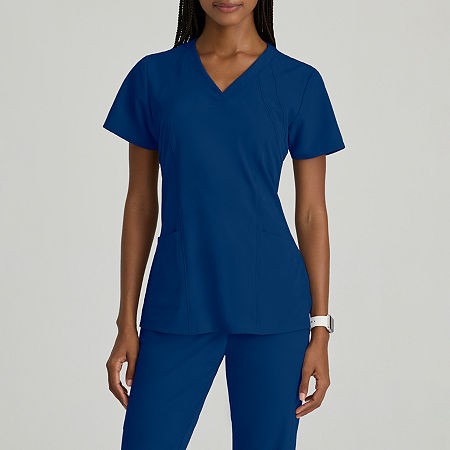 Barco One 5105 Racer 4-Pocket Womens V Neck Tag Free Stretch Fabric Moisture Wicking Short Sleeve Scrub Top, Xx-small, Blue