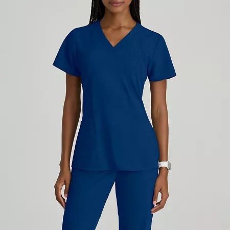Barco One 5105 Racer 4-Pocket Womens Plus Tall V Neck Short Sleeve Tag Free Stretch Fabric Moisture Wicking Scrub Tops, 4x-large, Blue