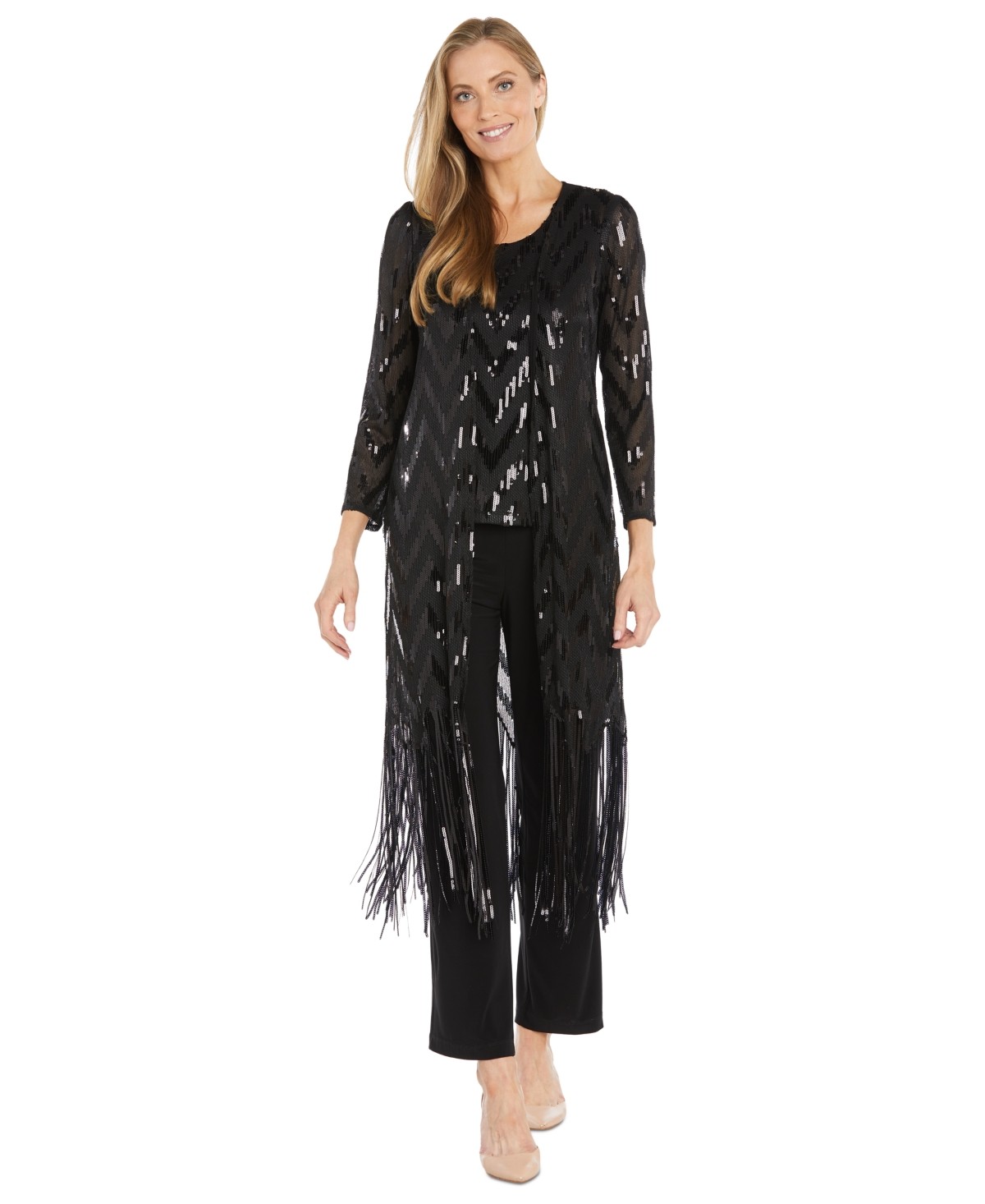 R & M Richards Women's Fringe-Trim Sequined Jacket, Top & Pants - Black thumbnail