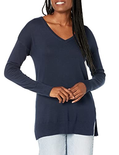 Amazon Essentials Women's Lightweight Long-Sleeve V-Neck Tunic Sweater (Available in Plus Size), Navy, Large