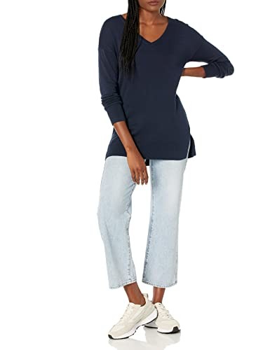 Amazon Essentials Women's Lightweight Long-Sleeve V-Neck Tunic Sweater (Available in Plus Size), Navy, Large thumbnail