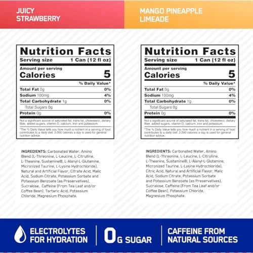 Optimum Nutrition Amino Energy Sparkling Hydration Drink, Electrolytes, Caffeine, Amino Acids, BCAAs, Sugar Free, 12 Fl Oz, Variety Pack of 12 (Packag thumbnail