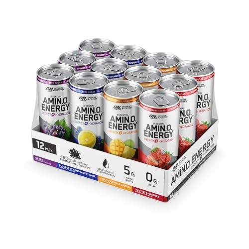 Optimum Nutrition Amino Energy Sparkling Hydration Drink, Electrolytes, Caffeine, Amino Acids, BCAAs, Sugar Free, 12 Fl Oz, Variety Pack of 12 (Packag thumbnail