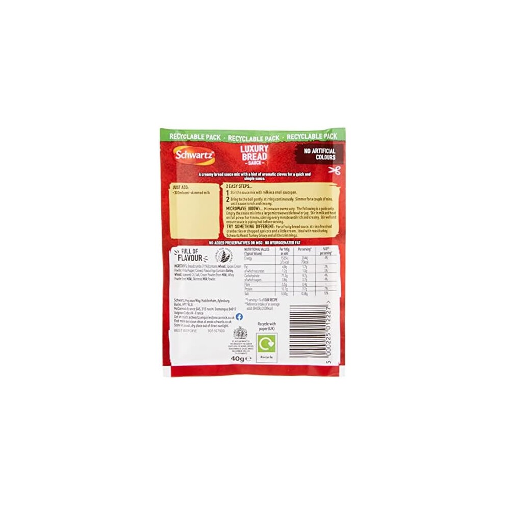 Schwartz Luxury Bread Sauce Mix 40 G | Pack of 10 | No Artificial Colours or Flavourings | No Added Preservatives or MSG | Suitable for Vegetarians thumbnail