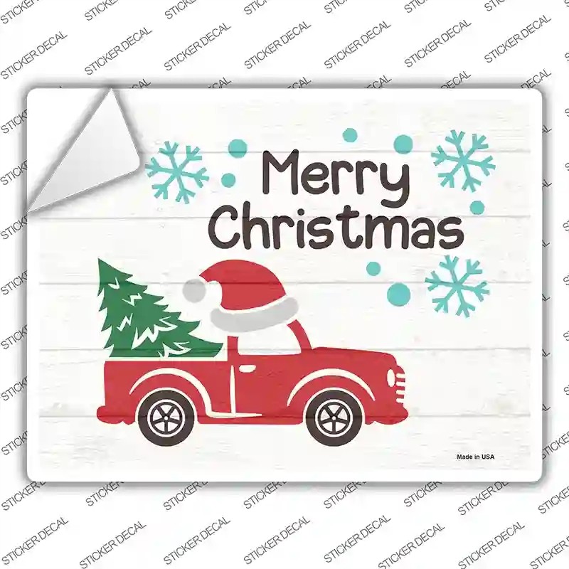 P-3443s-S Merry Christmas Santa Hat Truck Novelty Rectangle Sticker Decal - Small