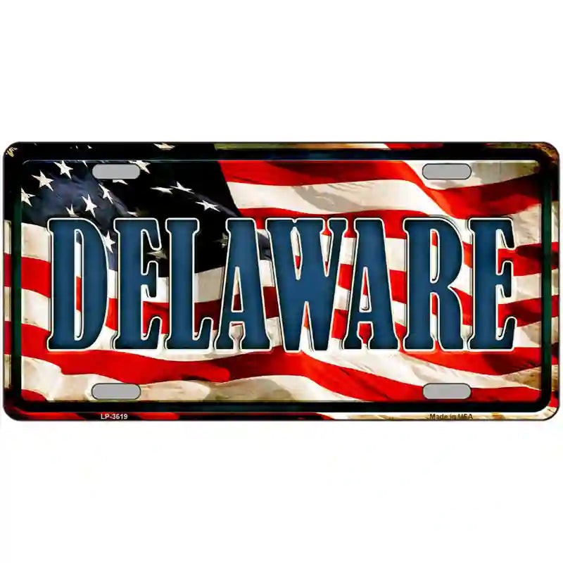 LLP-3619 24 X 12 in. Delaware on American Flag Metal Novelty License Plate
