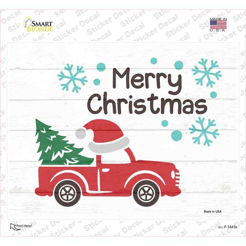 P-3443s-M Merry Christmas Santa Hat Truck Novelty Rectangle Sticker Decal - Medium