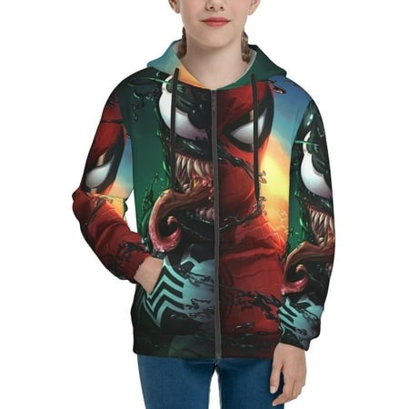 VENOM Boys/Girls/Teens 3D Digital Print Full Zip Unisex Hooded Sweatshirt Long Sleeve Casual Drawstring Pullover Novelty Hoodies with Pocket X-Large