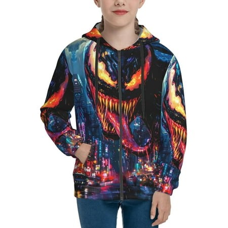 Venom 31 Boys/Girls/Teens 3D Digital Print Full Zip Unisex Hooded Sweatshirt Long Sleeve Casual Drawstring Pullover Novelty Hoodies with Pocket X-Larg