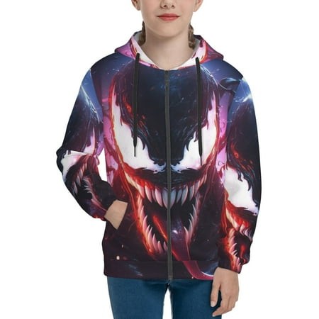 Venom 1 Boys/Girls/Teens 3D Digital Print Full Zip Unisex Hooded Sweatshirt Long Sleeve Casual Drawstring Pullover Novelty Hoodies with Pocket X-Large