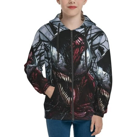 VENOM Boys/Girls/Teens 3D Digital Print Full Zip Unisex Hooded Sweatshirt Long Sleeve Casual Drawstring Pullover Novelty Hoodies with Pocket X-Large