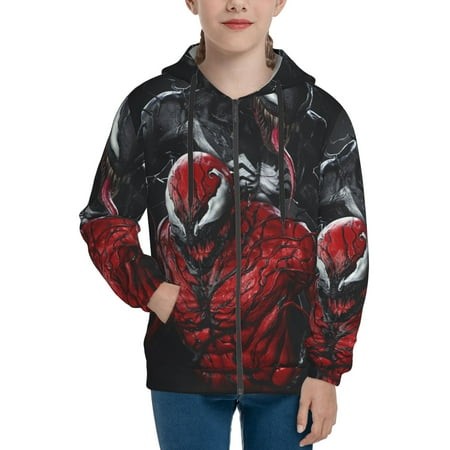 VENOM Boys/Girls/Teens 3D Digital Print Full Zip Unisex Hooded Sweatshirt Long Sleeve Casual Drawstring Pullover Novelty Hoodies with Pocket X-Large