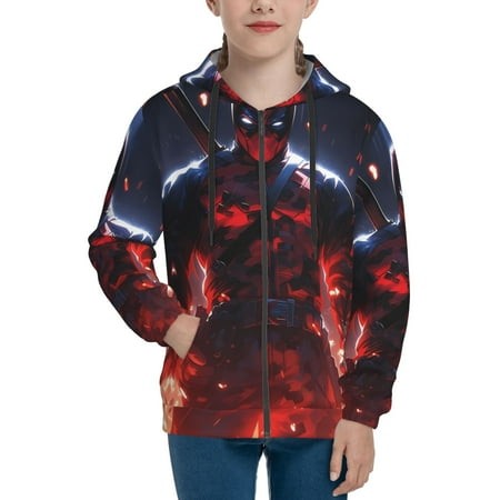 Deadpool Boys/Girls/Teens 3D Digital Print Full Zip Unisex Hooded Sweatshirt Long Sleeve Casual Drawstring Pullover Novelty Hoodies with Pocket X-Larg