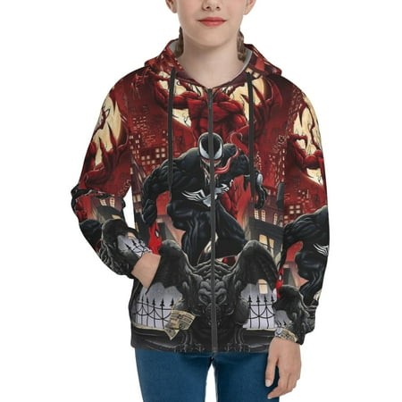 VENOM Boys/Girls/Teens 3D Digital Print Full Zip Unisex Hooded Sweatshirt Long Sleeve Casual Drawstring Pullover Novelty Hoodies with Pocket X-Large