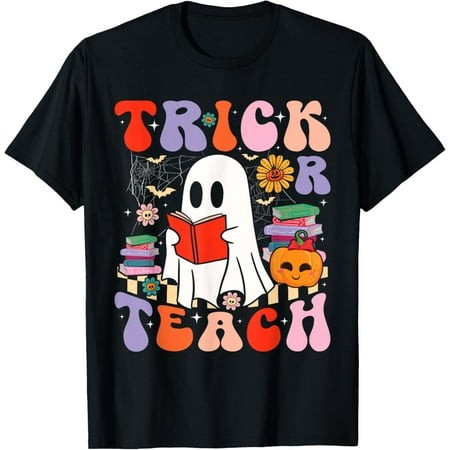 Trick or Teach Floral Retro Ghost Teacher Halloween 2024 T-Shirt