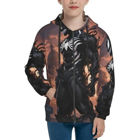 VENOM Boys/Girls/Teens 3D Digital Print Full Zip Unisex Hooded Sweatshirt Long Sleeve Casual Drawstring Pullover Novelty Hoodies with Pocket X-Large