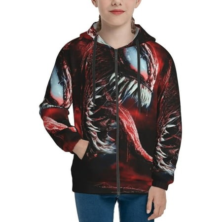 VENOM Boys/Girls/Teens 3D Digital Print Full Zip Unisex Hooded Sweatshirt Long Sleeve Casual Drawstring Pullover Novelty Hoodies with Pocket X-Large