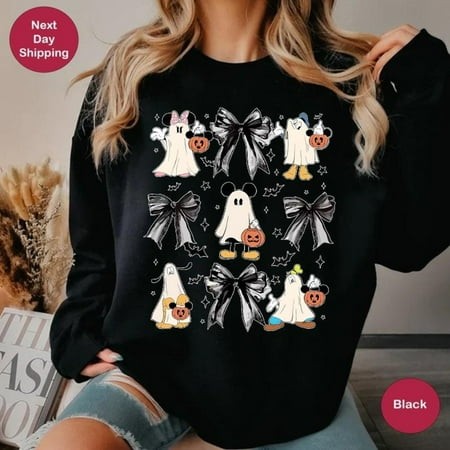 Mickey & Friends Ghost Coquette Bow Halloween SweatShirt  Disney Mickey S Not So Scary Party Tee  Disneyland Family Spooky Season 2024 Trip  Black Col
