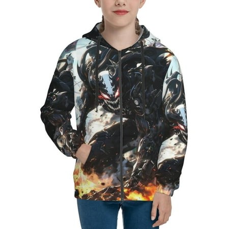 VENOM Boys/Girls/Teens 3D Digital Print Full Zip Unisex Hooded Sweatshirt Long Sleeve Casual Drawstring Pullover Novelty Hoodies with Pocket X-Large